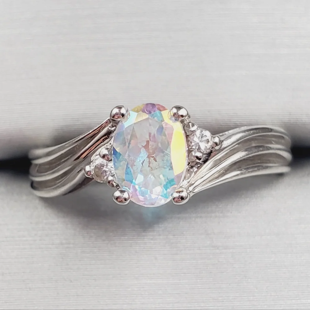 10K Solid White Gold Oval Mercury Mystic Topaz Ring
